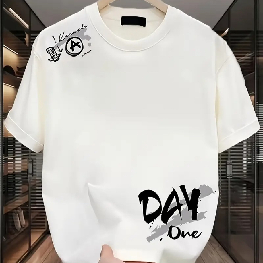 Day One Baskı Pamuk Penye Yuvarlak Yaka Tişört | Beyaz