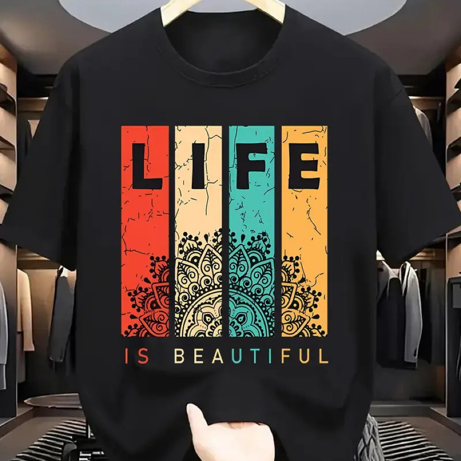 LIFE Baskı Pamuk Penye Yuvarlak Yaka Tişört | Siyah