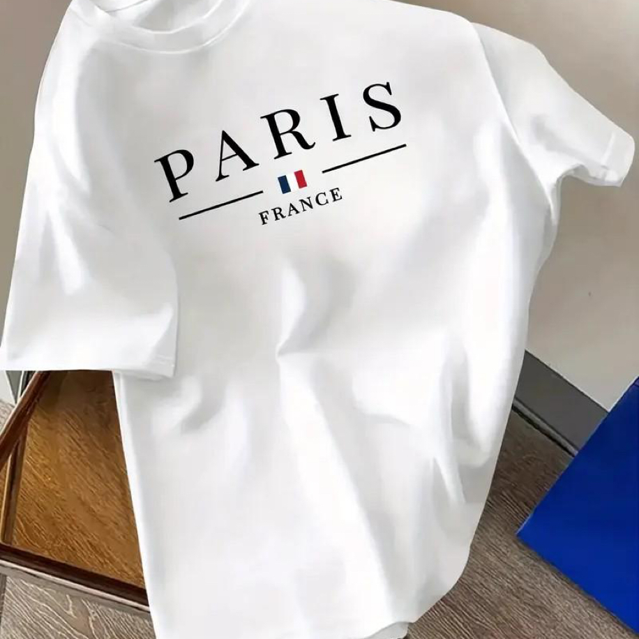 Paris France Baskı Pamuk Penye Yuvarlak Yaka Tişört | Beyaz